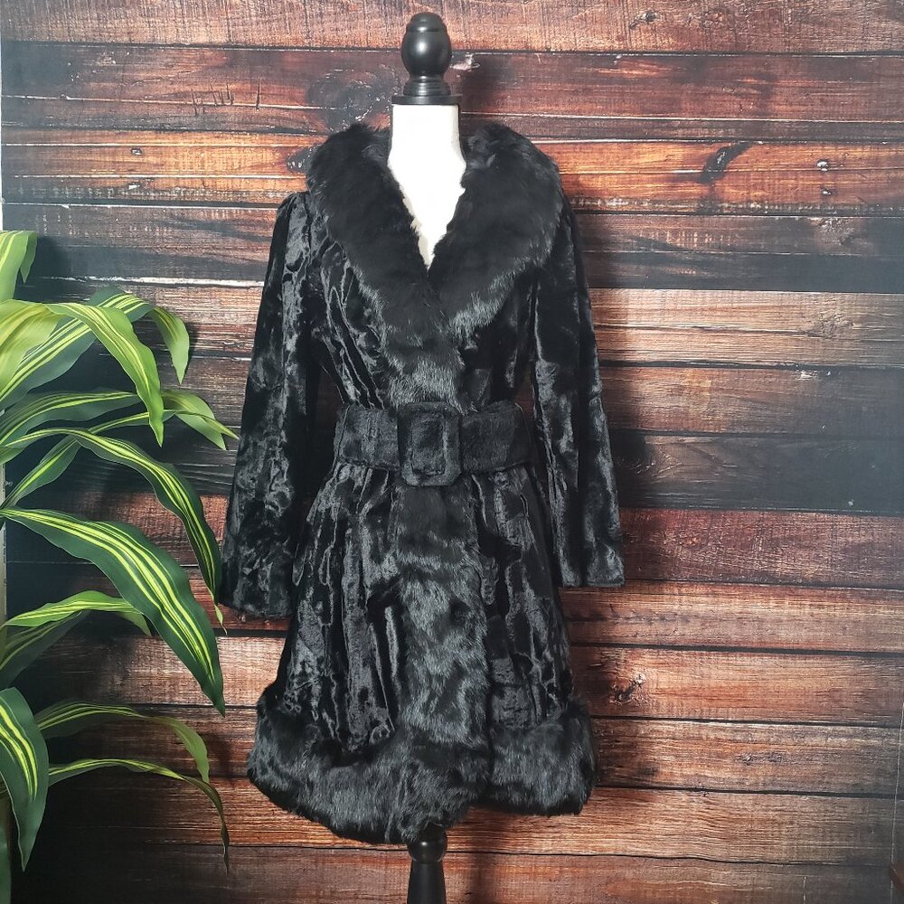 Lilli Ann Coat Rare Vintage 60s Black Velvet Faux Fur Trim US Union Made